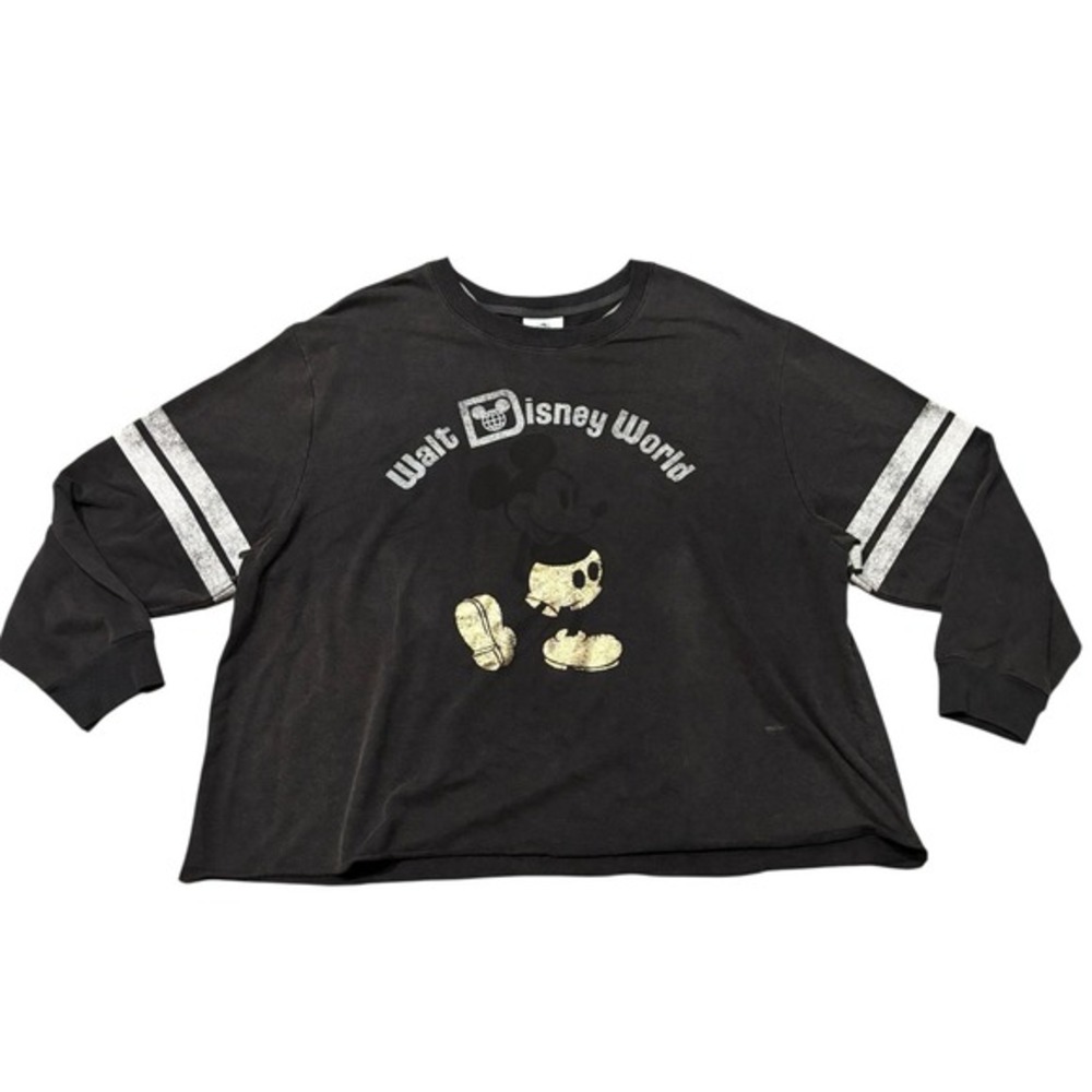 Disney Parks Mickey Mouse Cropped Long Sleeve Shirt Women's‎ 2X Black Distressed